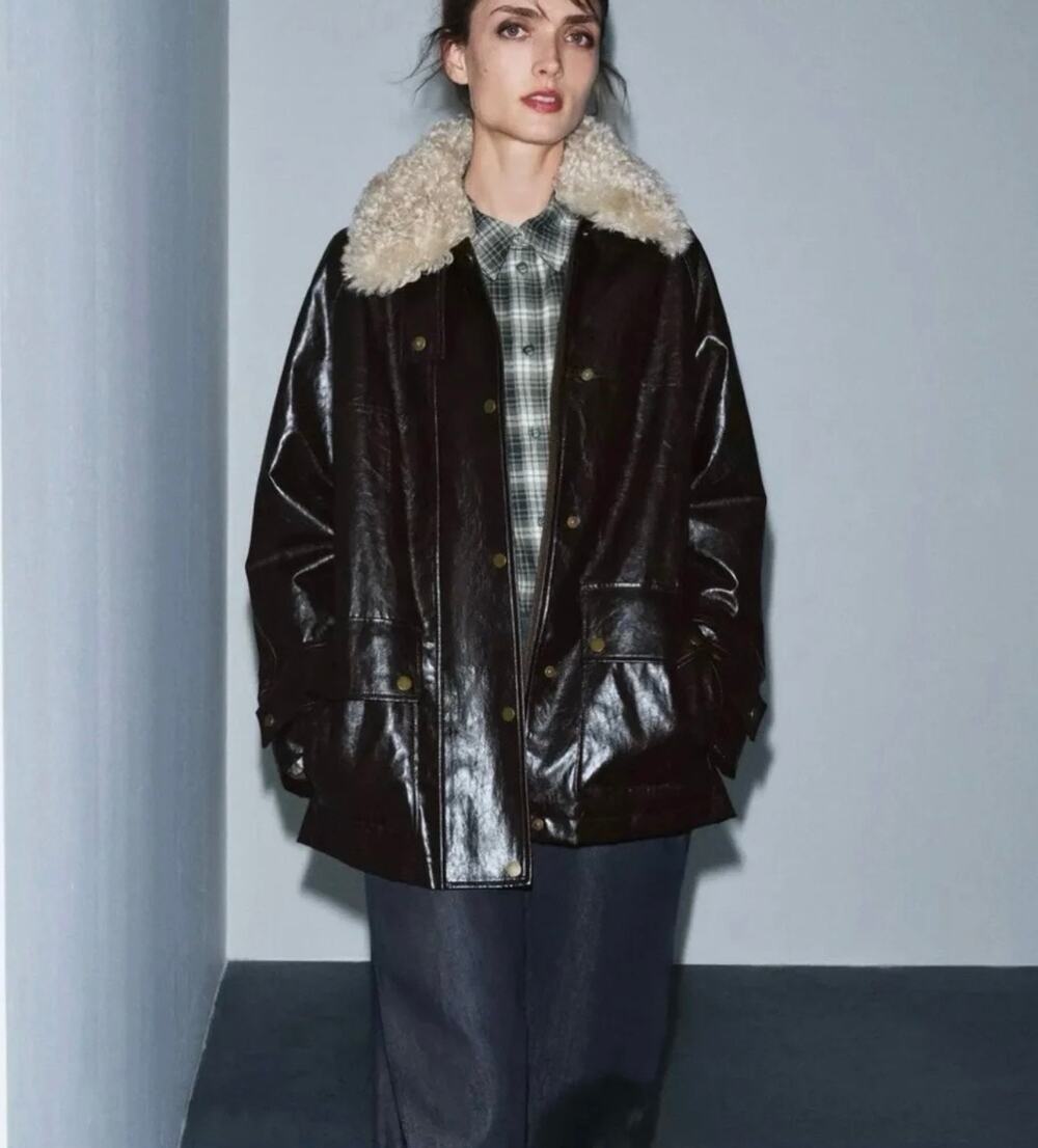 Zara Woman Collection Collection Faux Fur Collar Jacket Brown Size Small